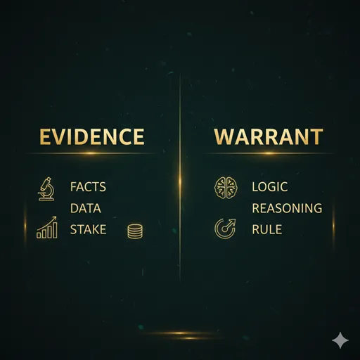 根拠（EVIDENCE）と論拠（WARRANT）を、役割（ROLE）と性質（NATURE）で対比させた英語のインフォグラフィック。