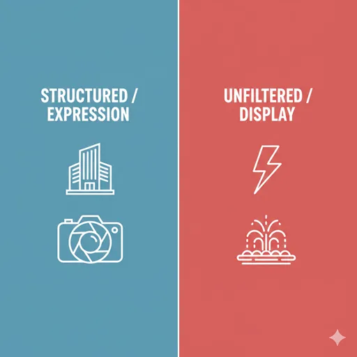STRUCTURED (表現)とUNFILTERED (表出)を、建築物と雷のアイコンで比較した英語表記のインフォグラフィック。