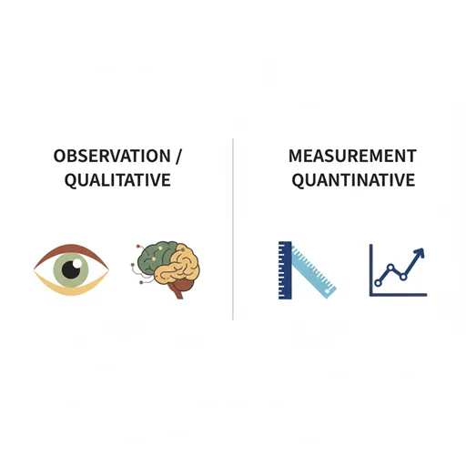 OBSERVATION (Qualitative/Human Eye) と MEASUREMENT (Quantitative/Instruments) の対比を英語で示したインフォグラフィック。