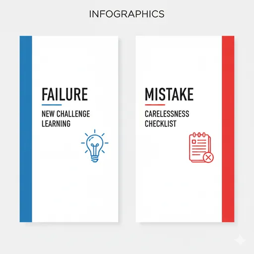 失敗（FAILURE）とミス（MISTAKE）を、領域（DOMAIN）と解決策（SOLUTION）で対比させた英語のインフォグラフィック。