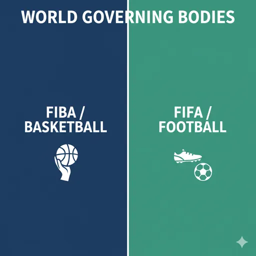 FIBA（BASKETBALL / COURT）とFIFA（FOOTBALL / STADIUM）の主な違いを示した英語のインフォグラフィック。