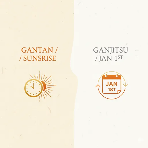 元旦（GANTAN / SUNRISE）と元日（GANJITSU / ALL DAY）を、時間軸で比較した英語のインフォグラフィック。