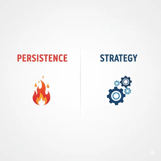 PERSISTENCE (頑張る) と STRATEGY (努力) を、燃え盛る炎と精密な歯車のアイコンで対比させた英語のインフォグラフィック。