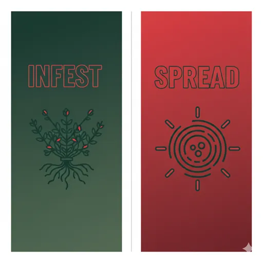 INFEST (蔓延る) と SPREAD (蔓延する) を、絡まる蔦とネットワークの波紋のアイコンで対比させた英語のインフォグラフィック。
