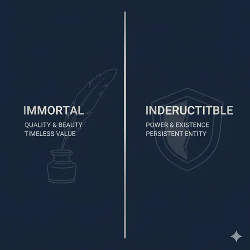 不朽（IMMORTAL）と不滅（INDESTRUCTIBLE）を、対象（TARGET）と焦点（FOCUS）で比較した英語のインフォグラフィック。