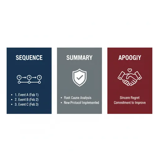 SEQUENCE (経緯), SUMMARY (顛末), APOLOGY (始末)を、タイムライン、チェックマーク、深い会釈のアイコンで比較した英語のインフォグラフィック。