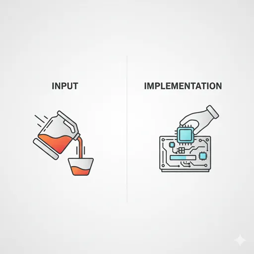 INPUT (投入) と IMPLEMENT (導入) を、燃料タンクとインストール用コードのアイコンで対比させた英語のインフォグラフィック。