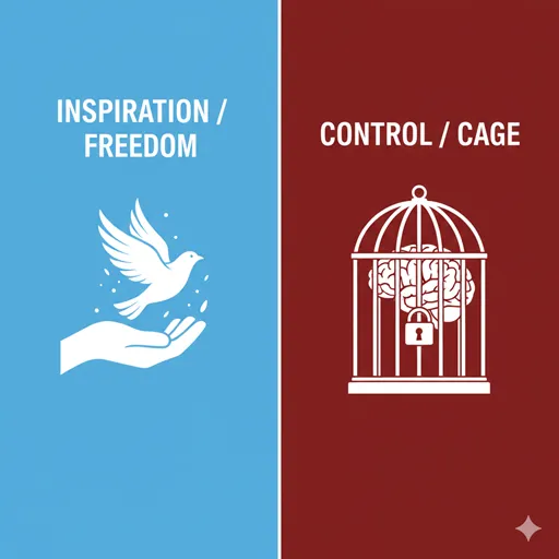 INSPIRATION (感化)とCONTROL (洗脳)を、開いた翼と鳥籠のアイコンで比較した英語のインフォグラフィック。