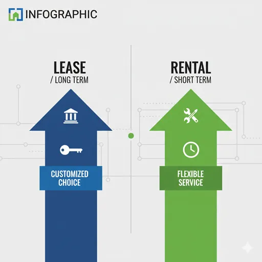 リース（LEASE / LONG TERM）とレンタル（RENTAL / SHORT TERM）を、期間や責任（RESPONSIBILITY）で比較した英語のインフォグラフィック。