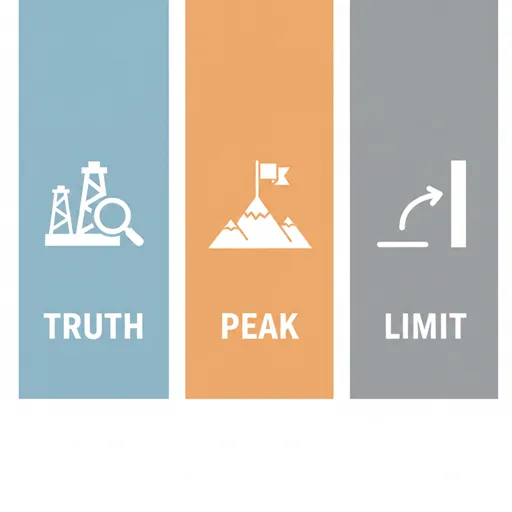 TRUTH (究), PEAK (極), LIMIT (窮)を、下向き矢印、上向き矢印、行き止まりのアイコンで比較した英語のインフォグラフィック。