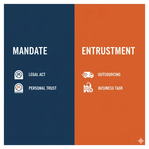 委任（MANDATE）と委託（ENTRUSTMENT）を、性質（NATURE）と責任（RESPONSIBILITY）で対比させた英語のインフォグラフィック。