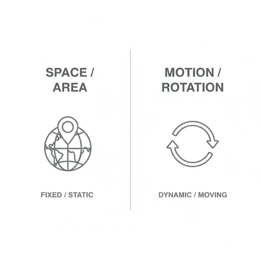 周り（AREA / SURROUNDINGS）と回り（MOTION / ROTATION）の違いをアイコンで示した英語の図解。