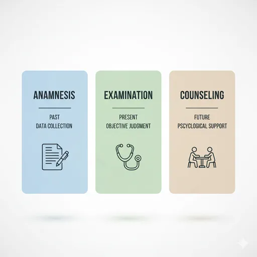 問診（ANAMNESIS）、診察（EXAMINATION）、カウンセリング（COUNSELING）を、時間軸（TIME）と焦点（FOCUS）で比較した英語のインフォグラフィック。
