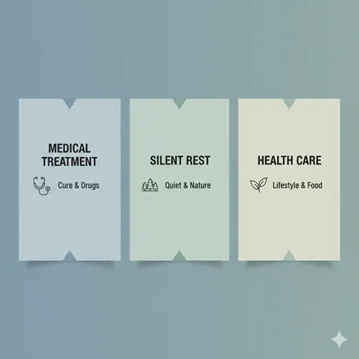 療養（MEDICAL TREATMENT）、静養（SILENT REST）、養生（HEALTH CARE）を、目的（OBJECTIVE）と行動（ACTION）で対比させた英語のインフォグラフィック。