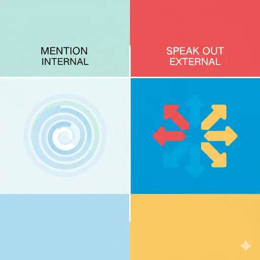 MENTION (Internal/Physical/Soft) と SPEAK OUT (External/Volitional/Strong) の対比を英語で示した図解。