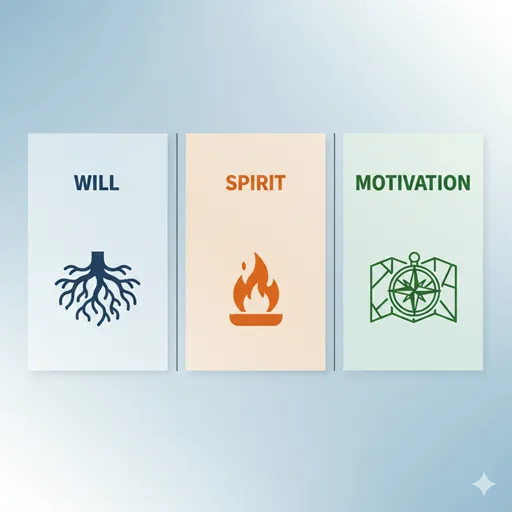 WILL (意欲)、SPIRIT (やる気)、MOTIVATION (モチベーション) を、根、炎、地図のアイコンで対比させた英語のインフォグラフィック。