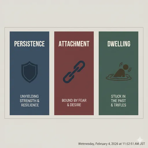 PERSISTENCE (固執), ATTACHMENT (執着), DWELLING (拘泥) の違いを、盾・鎖・泥のアイコンで対比させた英語のインフォグラフィック。