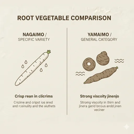 NAGAIMO（Variety / Watery / Crunchy）とYAMAIMO（General Term / Sticky / Rich）の特性を比較した英語の図解。