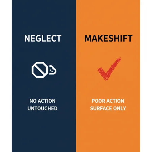 なおざり（NEGLECT）とおざなり（MAKESHIFT）を、行動（ACTION）とマインド（MINDSET）で対比させた英語のインフォグラフィック。