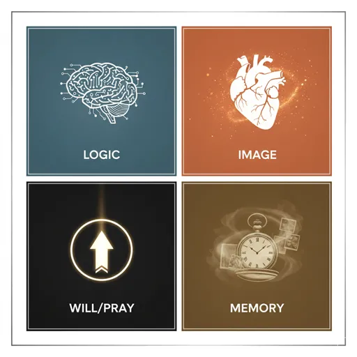 LOGIC (思), IMAGE (想), PRAY (念), MEMORY (憶)をアイコンで比較した、英語表記のインフォグラフィック。