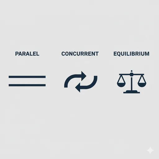 PARALLEL (Lines), CONCURRENT (Arrows), EQUILIBRIUM (Scale) の違いを英語で示した図解。