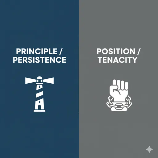 PRINCIPLE (堅持)とPOSITION (固持)を、灯台と南京錠のアイコンで比較した英語のインフォグラフィック。