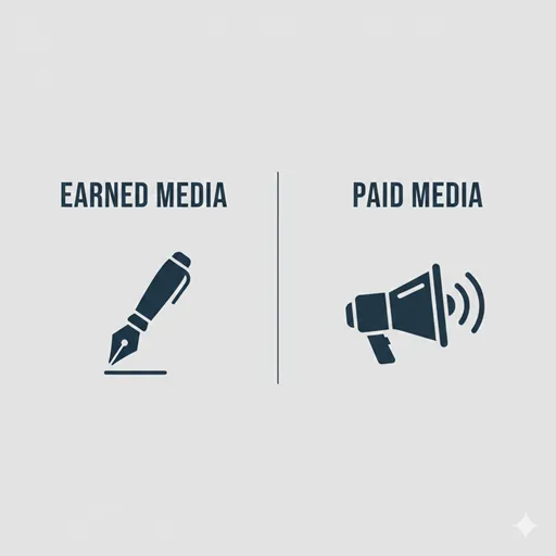 EARNED MEDIA (広報) と PAID MEDIA (宣伝) を、ペンとメガホンのアイコンで対比させた英語の図解。