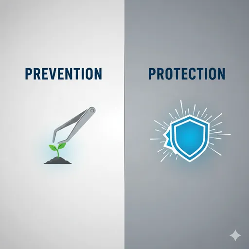REVENTION (予防) と PROTECTION (防止) を、ピンセットと盾のアイコンで対比させた英語のインフォグラフィック。