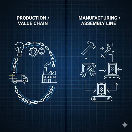 生産（PRODUCTION / TOTAL SYSTEM）と製造（MANUFACTURING / PHYSICAL PROCESS）を、その範囲と視点の違いで示した英語のインフォグラフィック。