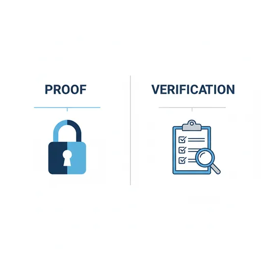 PROOF (立証) と VERIFICATION (検証) の違いを、鍵とチェックリストのアイコンで対比させた英語のインフォグラフィック。
