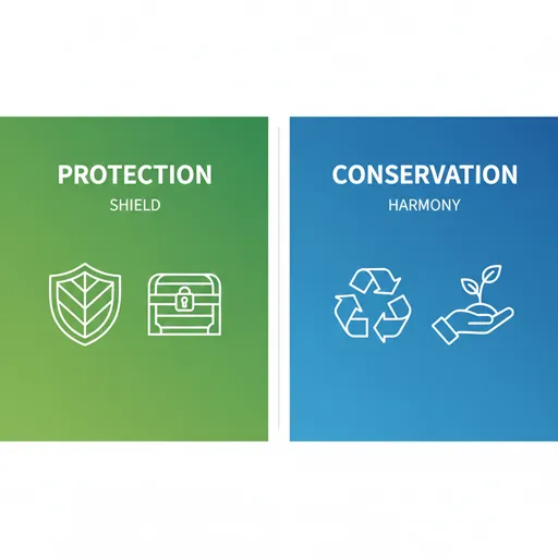 保護（PROTECTION / KEEP AS IT IS）と保全（CONSERVATION / SUSTAINABLE USE）を、アプローチの違いで示した英語のインフォグラフィック。
