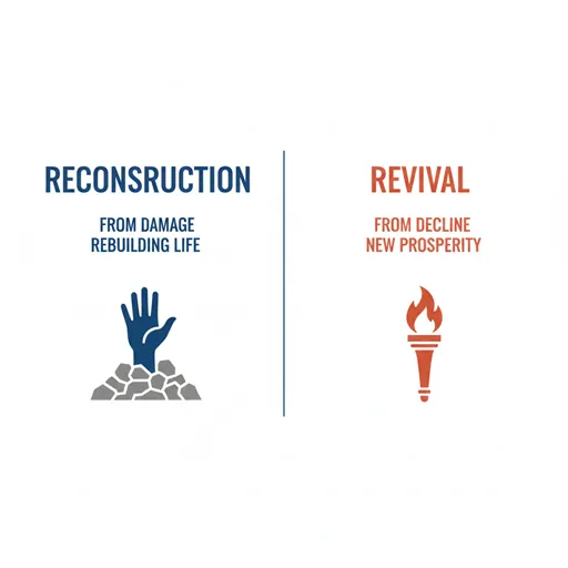 復興（RECONSTRUCTION）と再興（REVIVAL）を、起点（ORIGIN）と目的（GOAL）で比較した英語のインフォグラフィック。