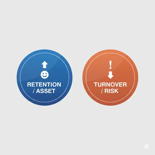 定着率（RETENTION / POSITIVE ASSET）と離職率（TURNOVER / RISK ALERT）を、プラスとマイナスの記号を用いて比較した英語のインフォグラフィック。