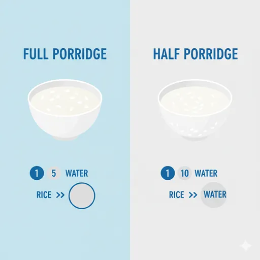FULL PORRIDGE（1:5 Ratio）とHALF PORRIDGE（1:10 Ratio）のお米と水の比率を示した英語の図解。