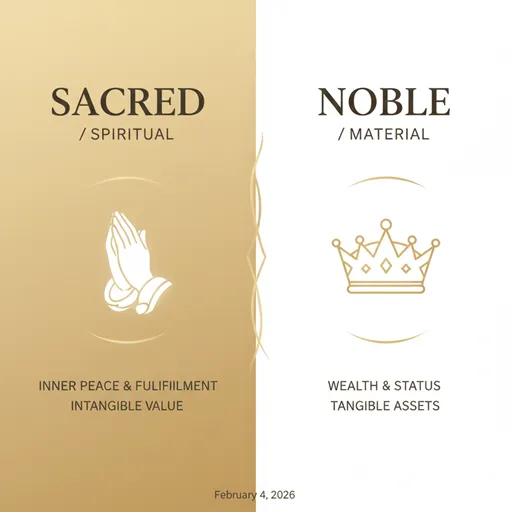 SACRED (尊い)とNOBLE (貴い)を、祈る手と宝石のアイコンで比較した英語のインフォグラフィック。