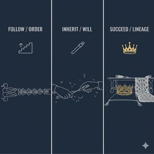 FOLLOW (次ぐ), INHERIT (継ぐ), SUCCEED (嗣ぐ)を、足跡、バトン、王冠のアイコンで比較した英語のインフォグラフィック。