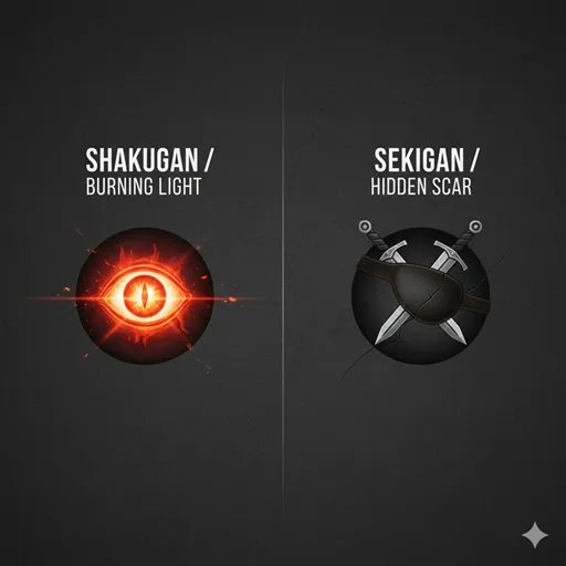 灼眼（BLAZING EYE / POWER）と隻眼（SINGLE EYE / DESTINY）を、その意味合いの違いで示した英語のインフォグラフィック。