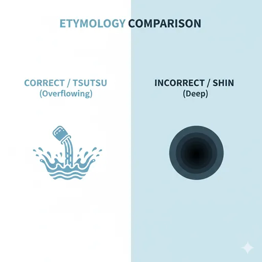 CORRECT(TSUTSU)とINCORRECT(SHIN)の意味の違い、水の湧出と深さを対比した英語のインフォグラフィック。