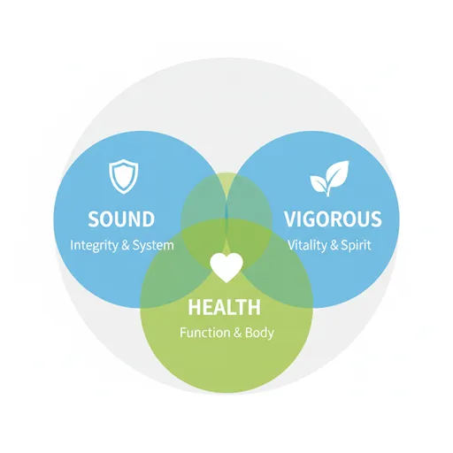 健全（SOUND）、健康（HEALTH）、健やか（VIGOROUS）を、対象（TARGET）と価値（VALUE）で比較した英語のインフォグラフィック。