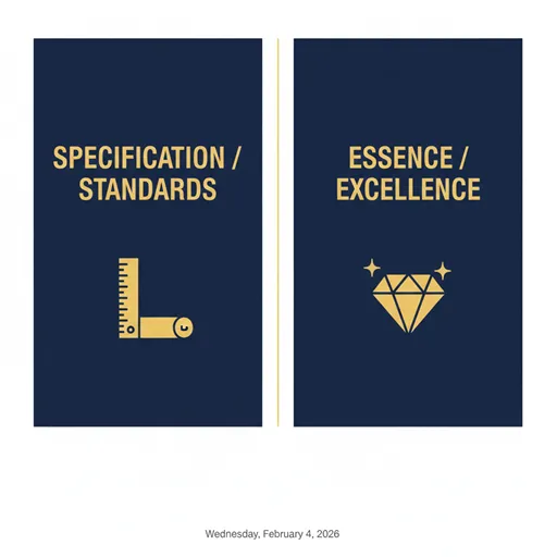 SPECIFICATION (品質)とESSENCE (質)を、定規とダイヤモンドのアイコンで比較した英語のインフォグラフィック。