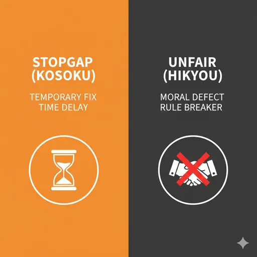 姑息（STOPGAP）と卑怯（UNFAIR）を、焦点（FOCUS）と性質（NATURE）で対比させた英語のインフォグラフィック。