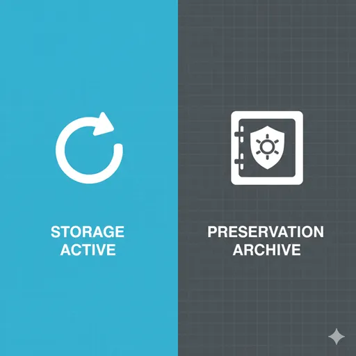保管（STORAGE / ACCESSIBILITY）と保存（PRESERVATION / INTEGRITY）を、時間軸と目的で比較した英語のインフォグラフィック。