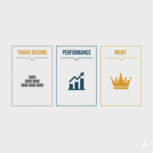 実績（TRACK RECORD）、業績（PERFORMANCE）、功績（MERIT）を、評価軸（EVALUATION）と提出先（DESTINATION）で比較した英語のインフォグラフィック。