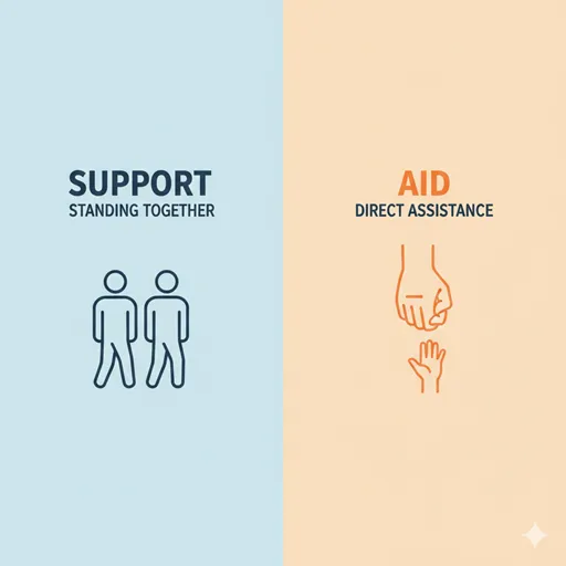 支援（SUPPORT / INDEPENDENCE）と援助（AID / RELIEF）を、主導権と目的の違いで示した英語のインフォグラフィック。
