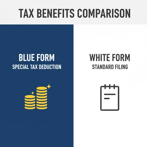 BLUE FORM（650k Deduction / Loss Carryover）とWHITE FORM（No Deduction / Simple Entry）のメリットを対比した英語の図解。