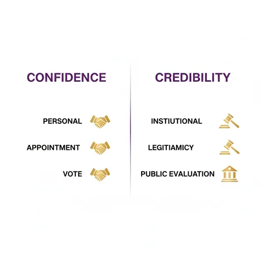 信任（CONFIDENCE）と信認（CREDIBILITY）を、対象（TARGET）と形式（FORM）で比較した英語のインフォグラフィック。