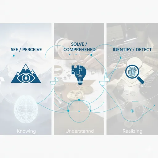 SEE (分かる), SOLVE (解る), IDENTIFY (判る)を、目、パズル、虫眼鏡のアイコンで比較した英語のインフォグラフィック。