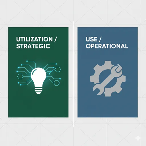 利用（UTILIZATION / BENEFIT & STRATEGY）と使用（USE / FUNCTION & TOOL）を、目的の違いで示した英語のインフォグラフィック。