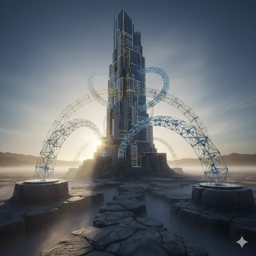 美しい夕日を背景に、強固な土台と精巧な建築が一体となった完成された神殿のようなイメージ。