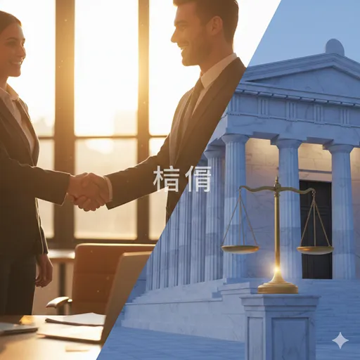 二人の人物が固い握手を交わす場面と、重厚な公的建造物を背景にした天秤のイメージ。個人的な約束と社会的な正当性を表現。